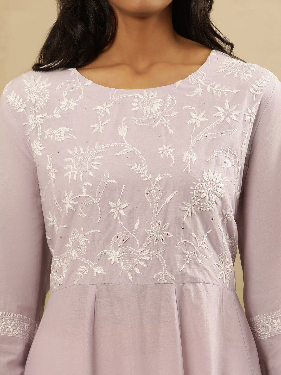 W Floral Yoke Design Thread Work Pastels Pure Cotton Anarkali Kurta