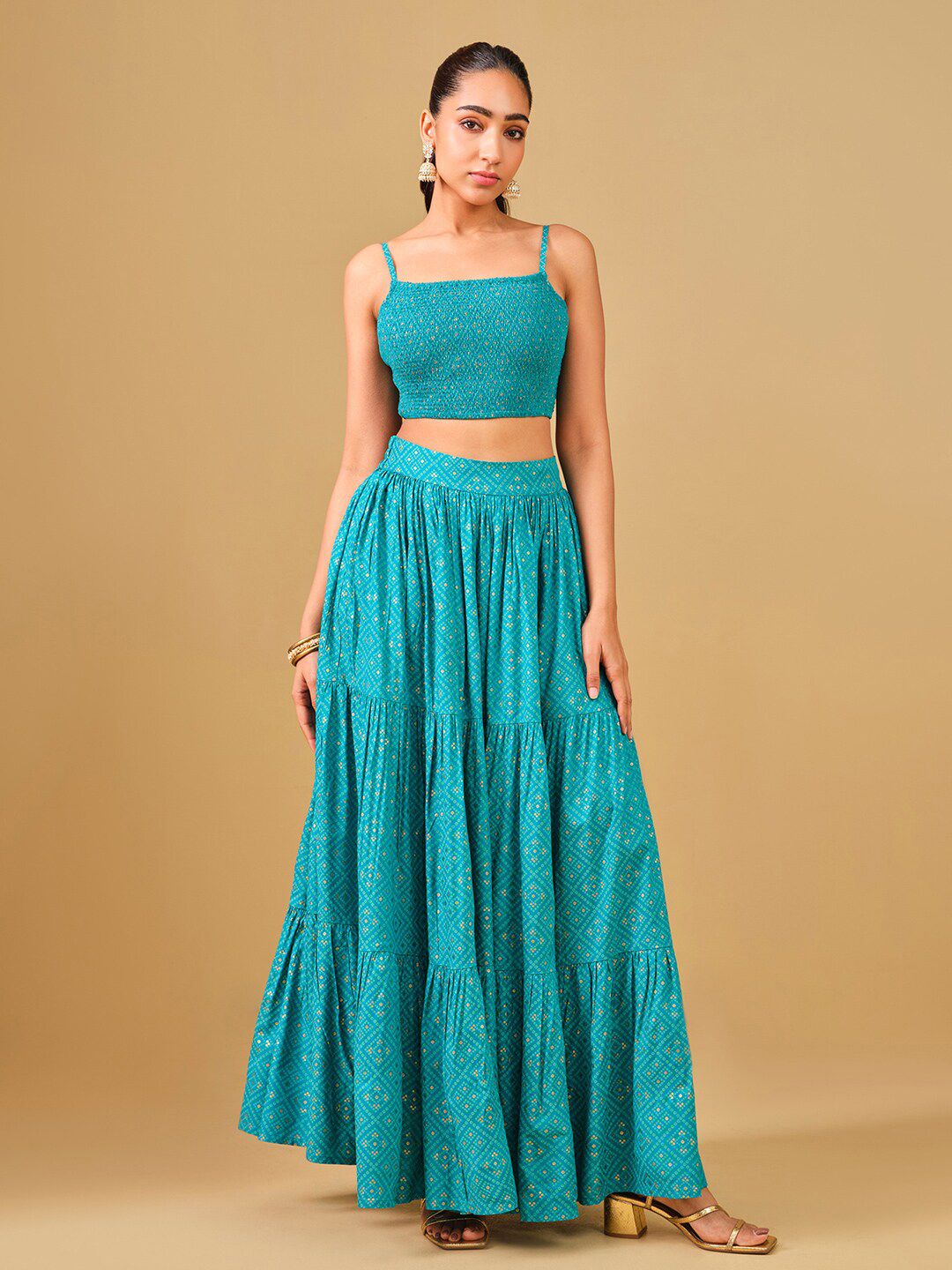 Global Desi Printed Crop Top & Maxi Skirt Co-ords