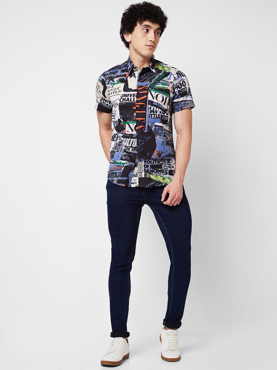 SPYKAR Spread Collar Short Sleeves Graphic Printed Cotton Casual Shirt