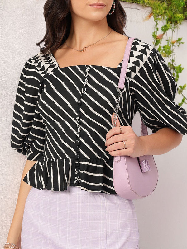 DressBerry Muted Grunge Striped Ruffled Top