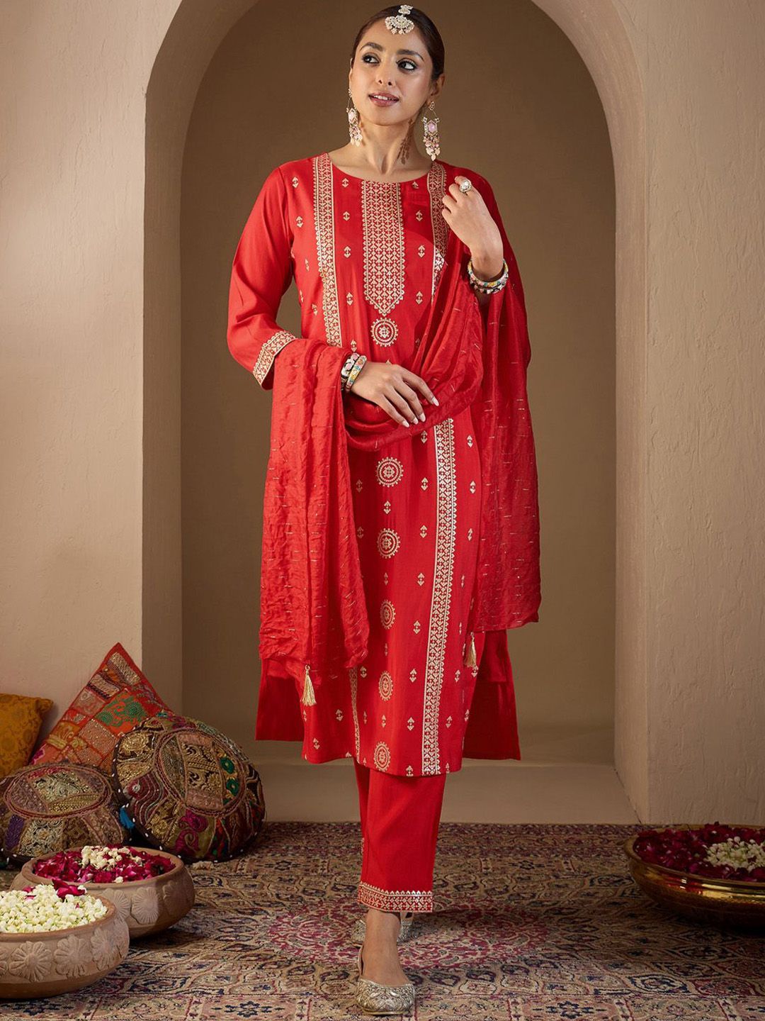 Indo Era Women Ethnic Motifs Embroidered Regular Sequinned Kurta with Trousers & With Dupatta