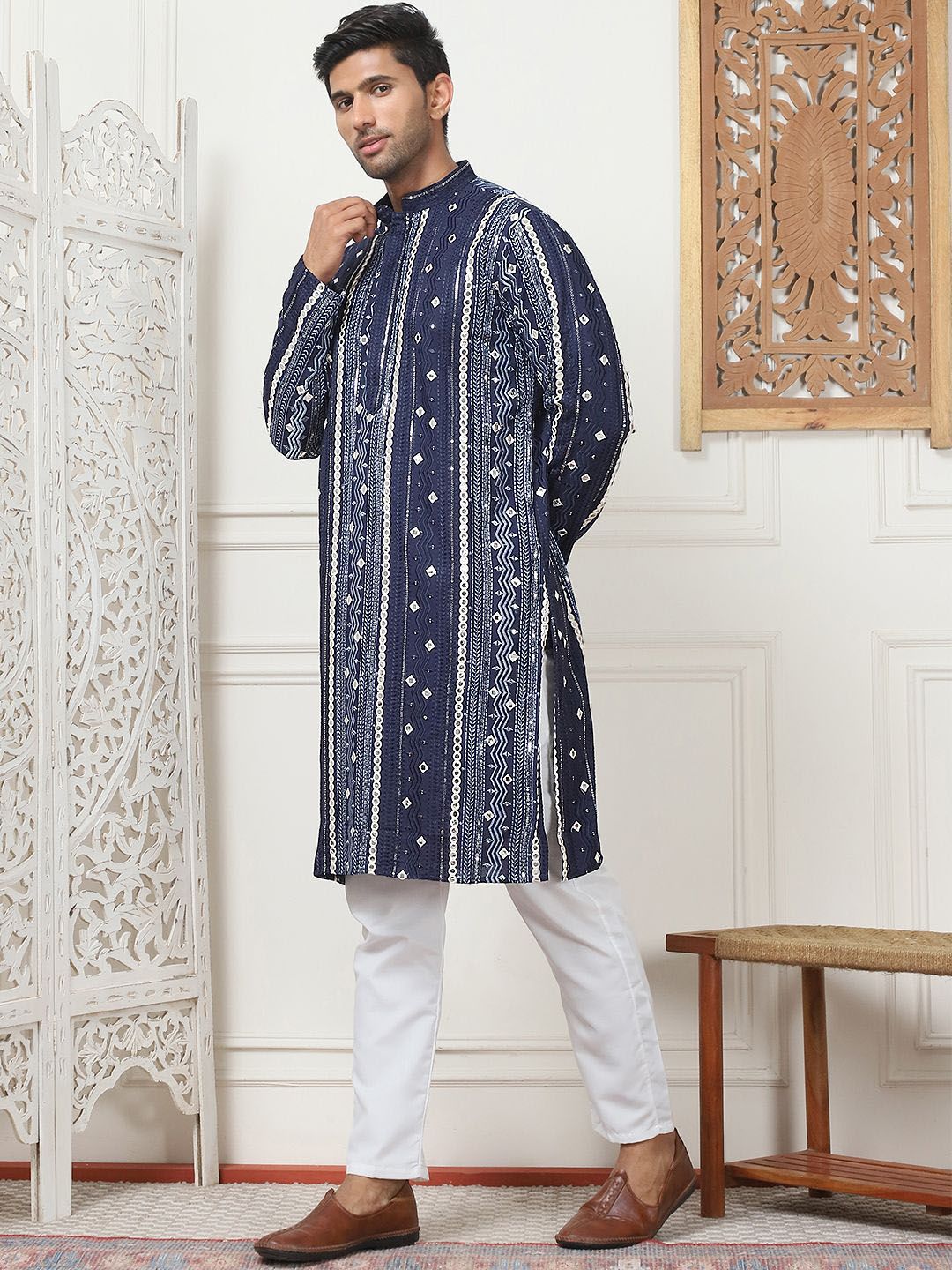 Anouk Embroidered Mandarin Collar Mirror Work Cotton Silk Straight Kurta With Pyjamas