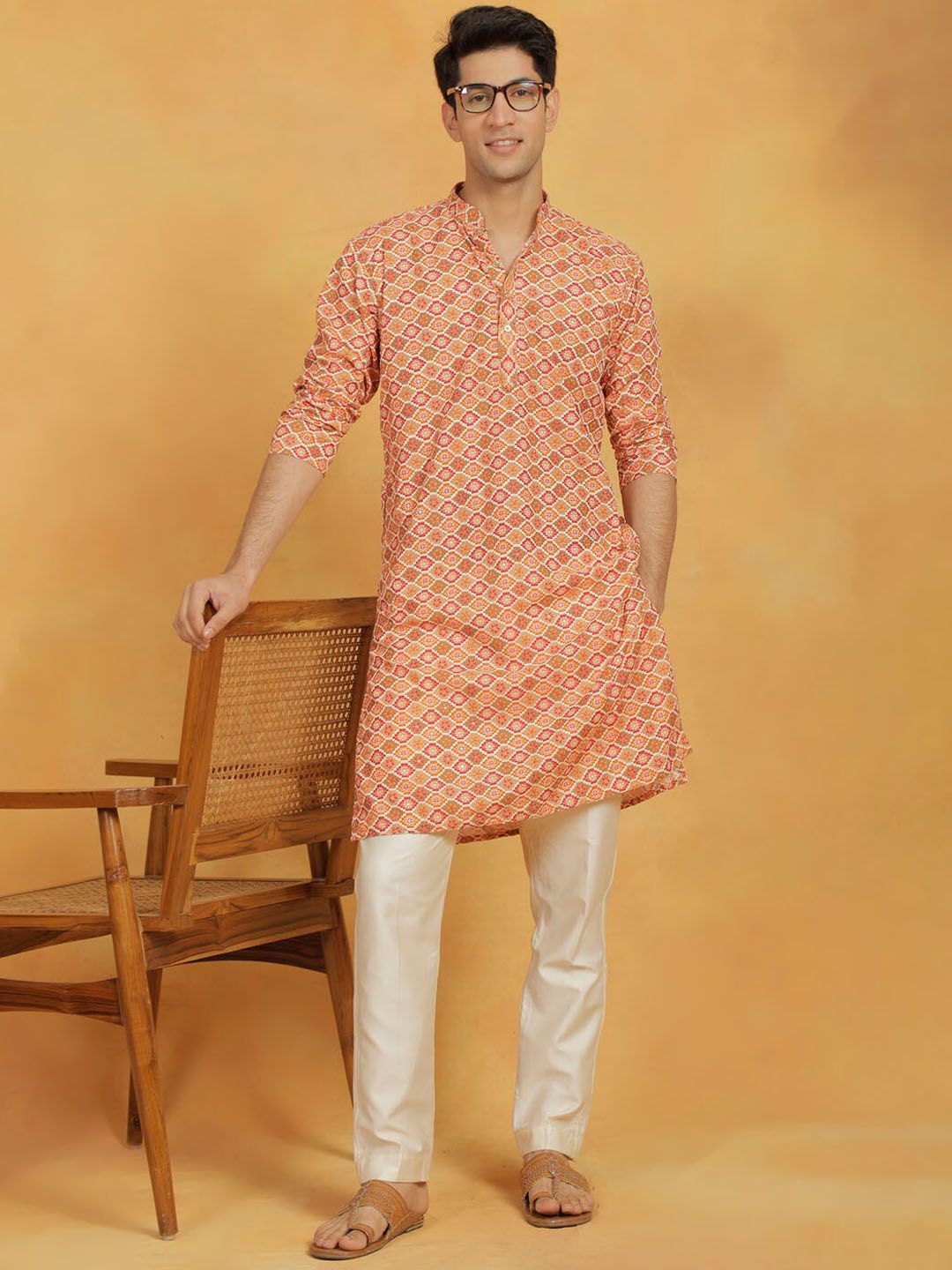 VASTRAMAY Ethnic Motifs Printed Thread Work Straight Kurta with Pyjamas