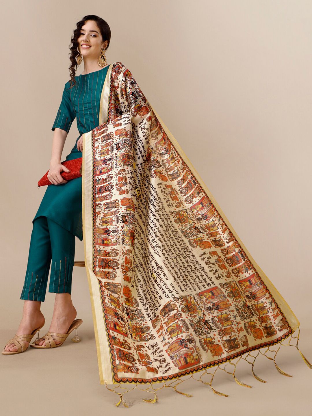 KALINI Yoke Design Thread Work Pure Cotton Kurta With Trousers & Dupatta