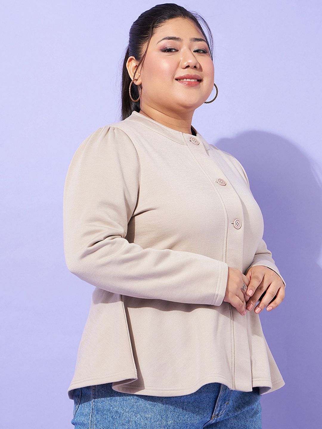 SASSAFRAS Curve Plus Size Grey Mandarin Collar Tailored Jacket