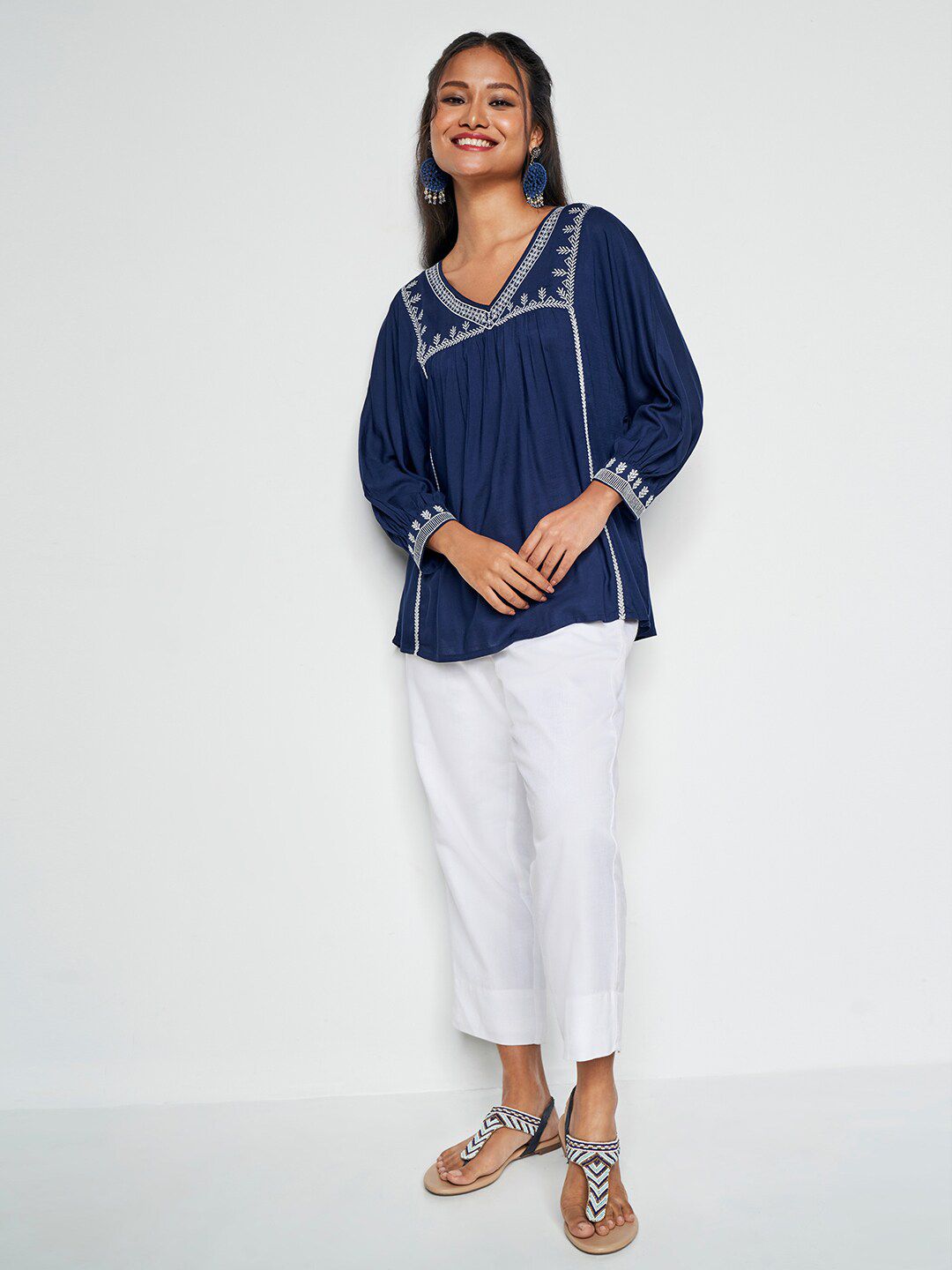 Global Desi Floral Embroidered V-Neck Cuffed Sleeves Empire Top