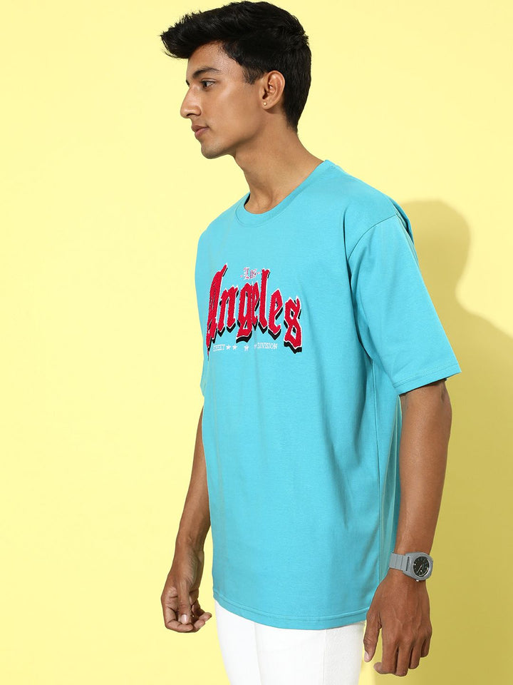 Difference of Opinion Men Blue Typography Embroidered Oversize Pure Cotton Longline T-shirt