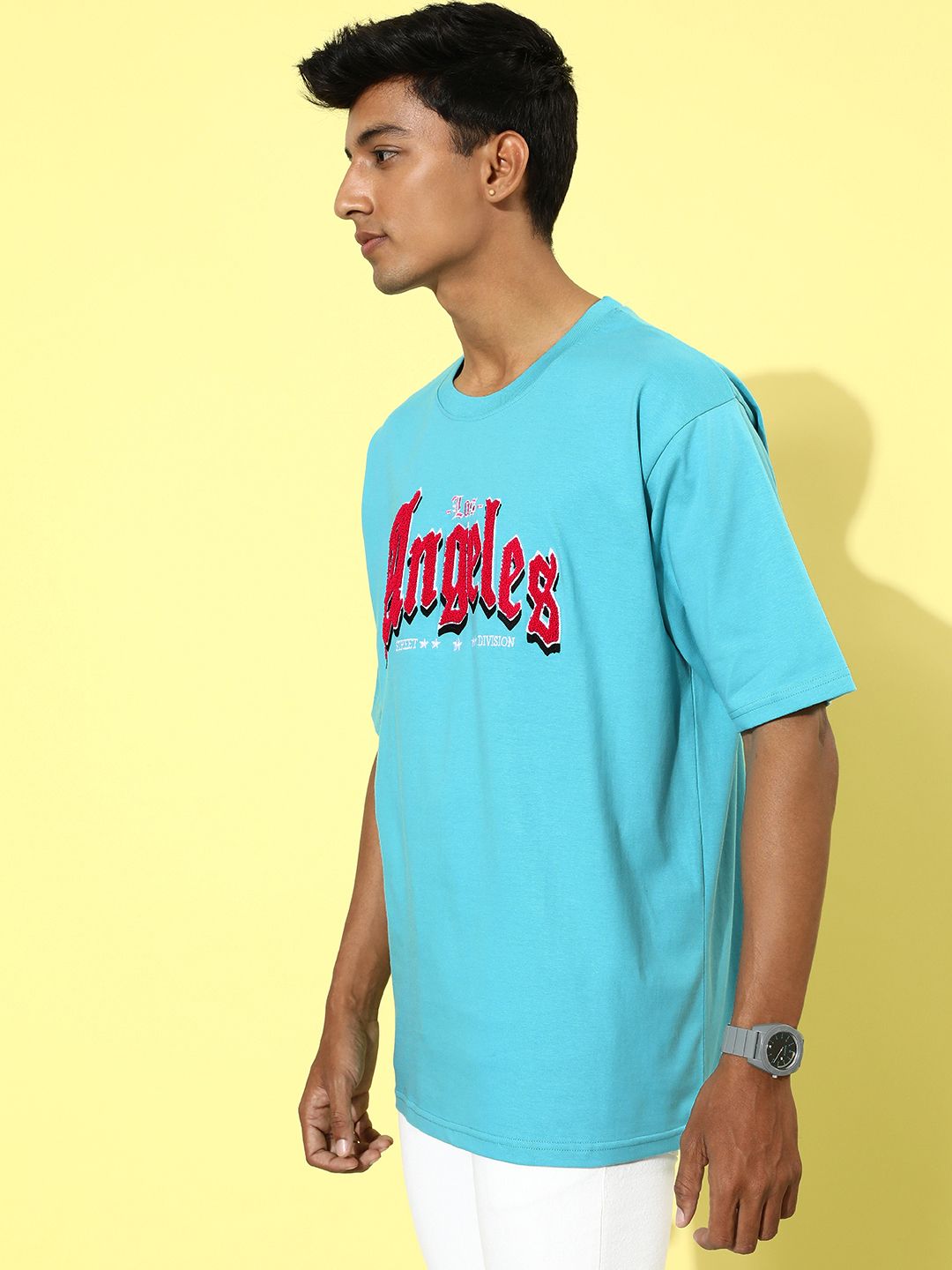 Difference of Opinion Men Blue Typography Embroidered Oversize Pure Cotton Longline T-shirt