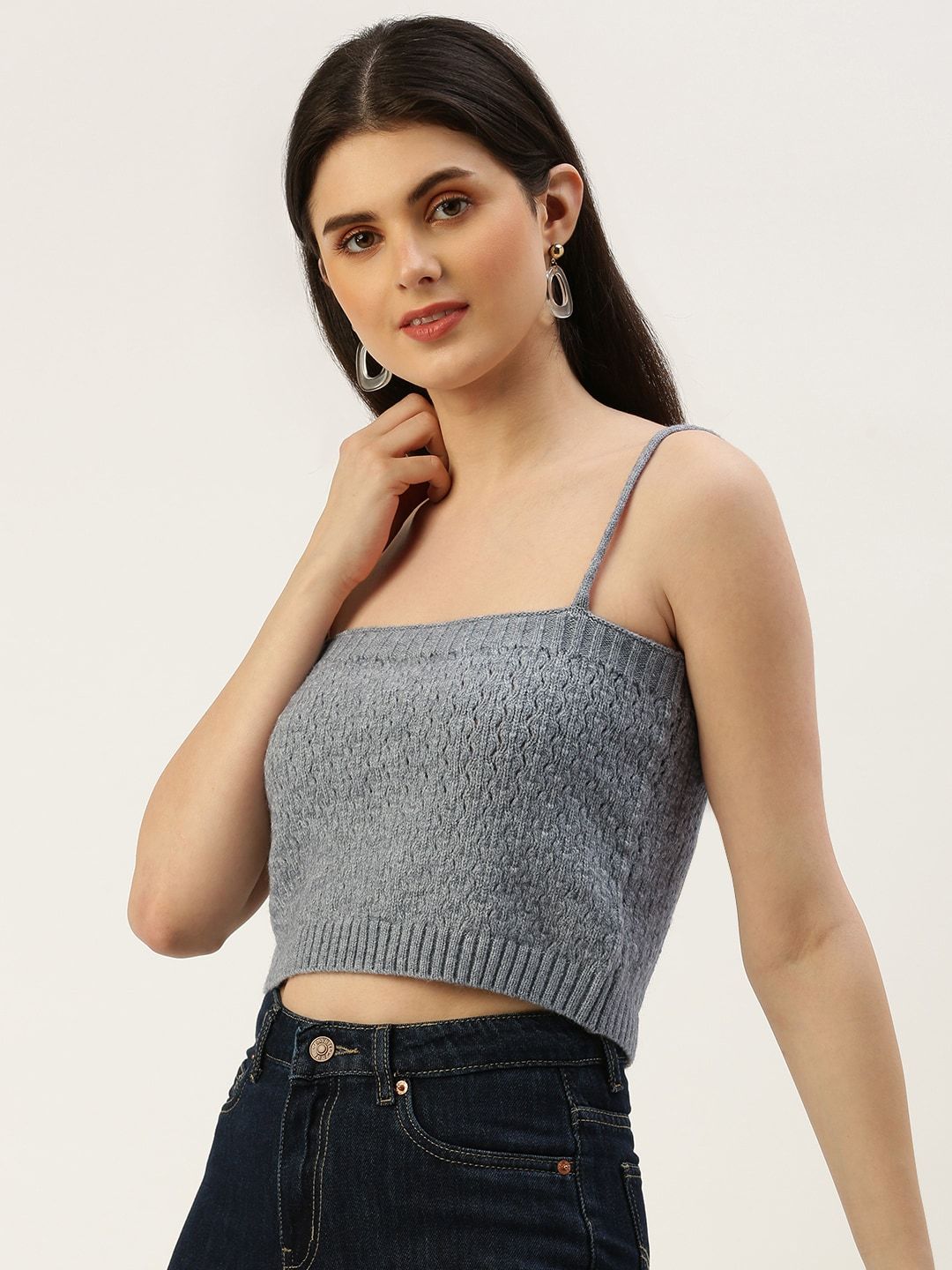 AND Self Design Knitted Drop Shoulder Sleeves Crop Top With Inner Slip
