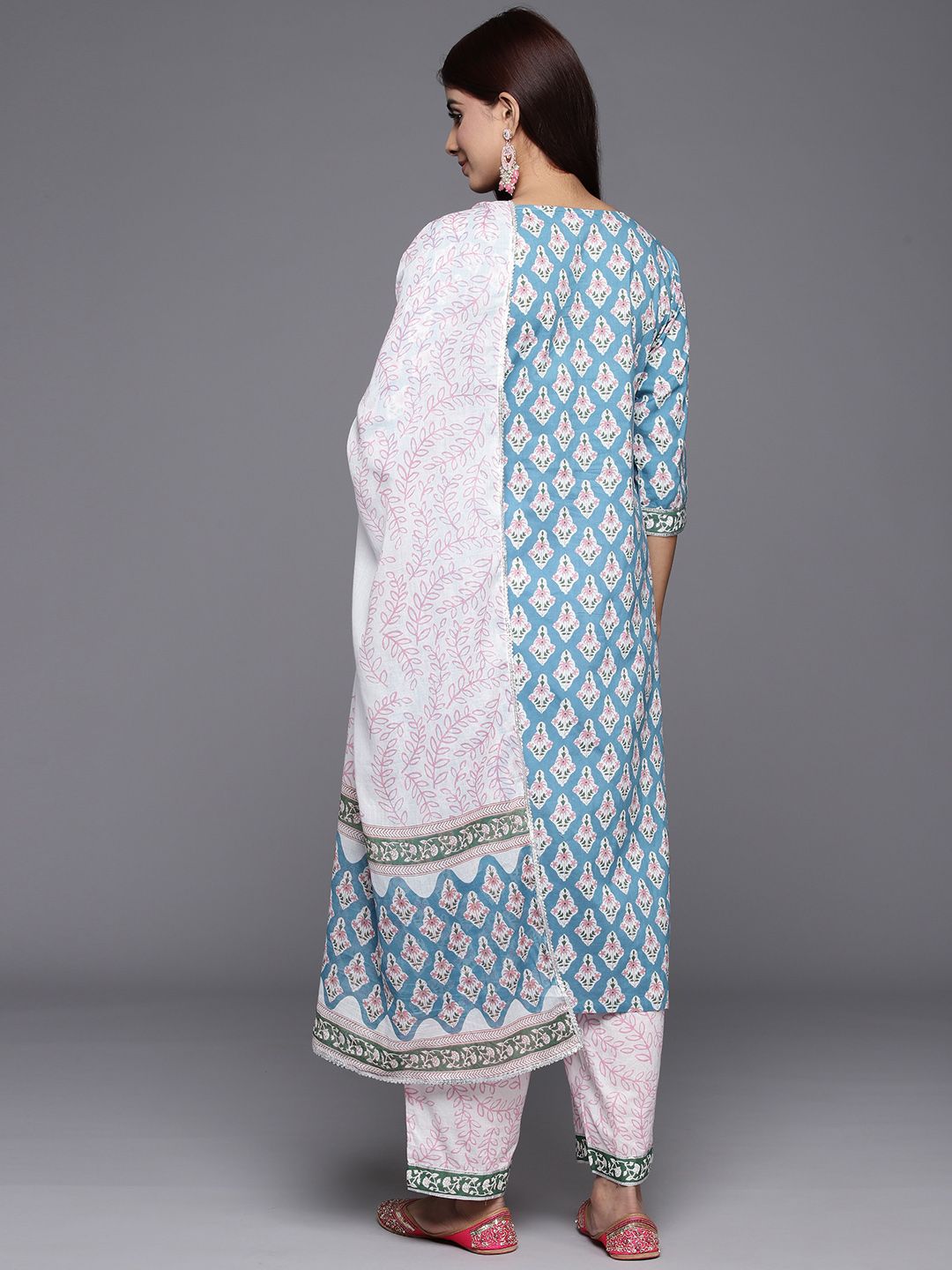 Libas Women Blue Floral Printed Pure Cotton Kurta with Trousers & With Dupatta