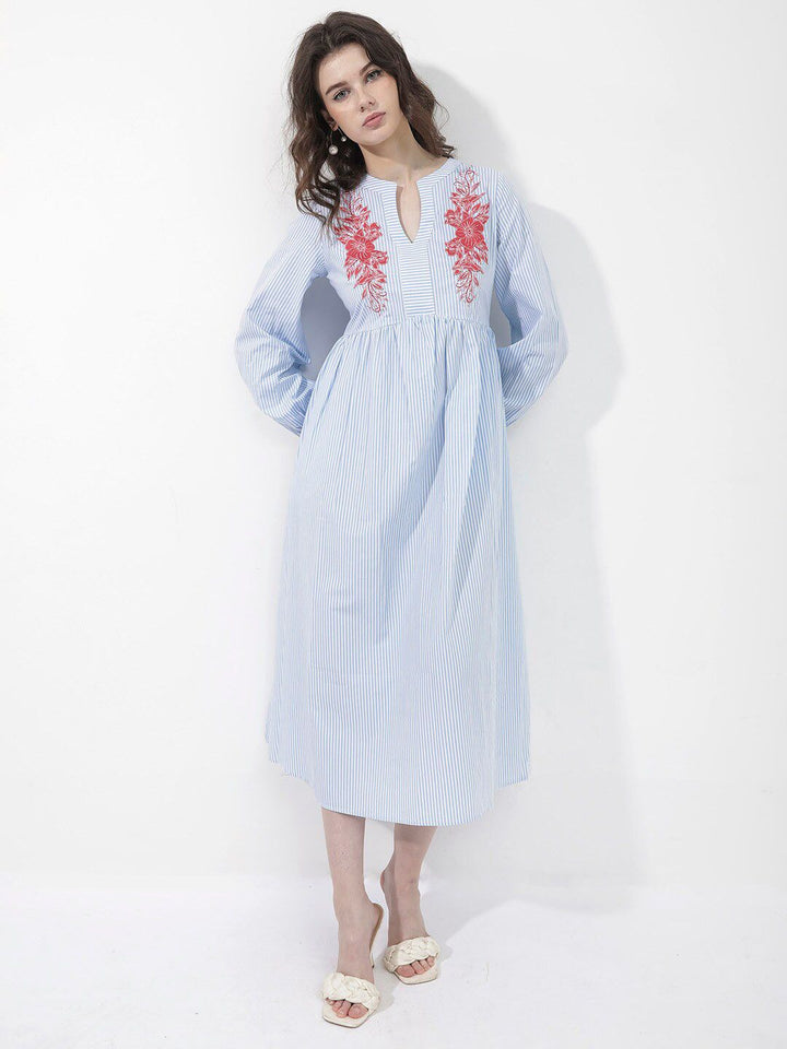Rareism Striped Fit & Flare Cotton Midi Dress