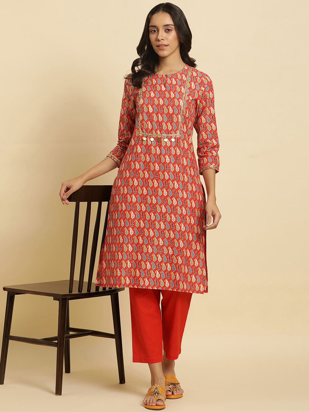 W Ethnic Motifs Printed Sequinned A-Line Kurta
