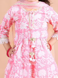 pspeaches Girls Pink Floral Printed Pleated Pure Cotton Kurta with Trousers & With Dupatta