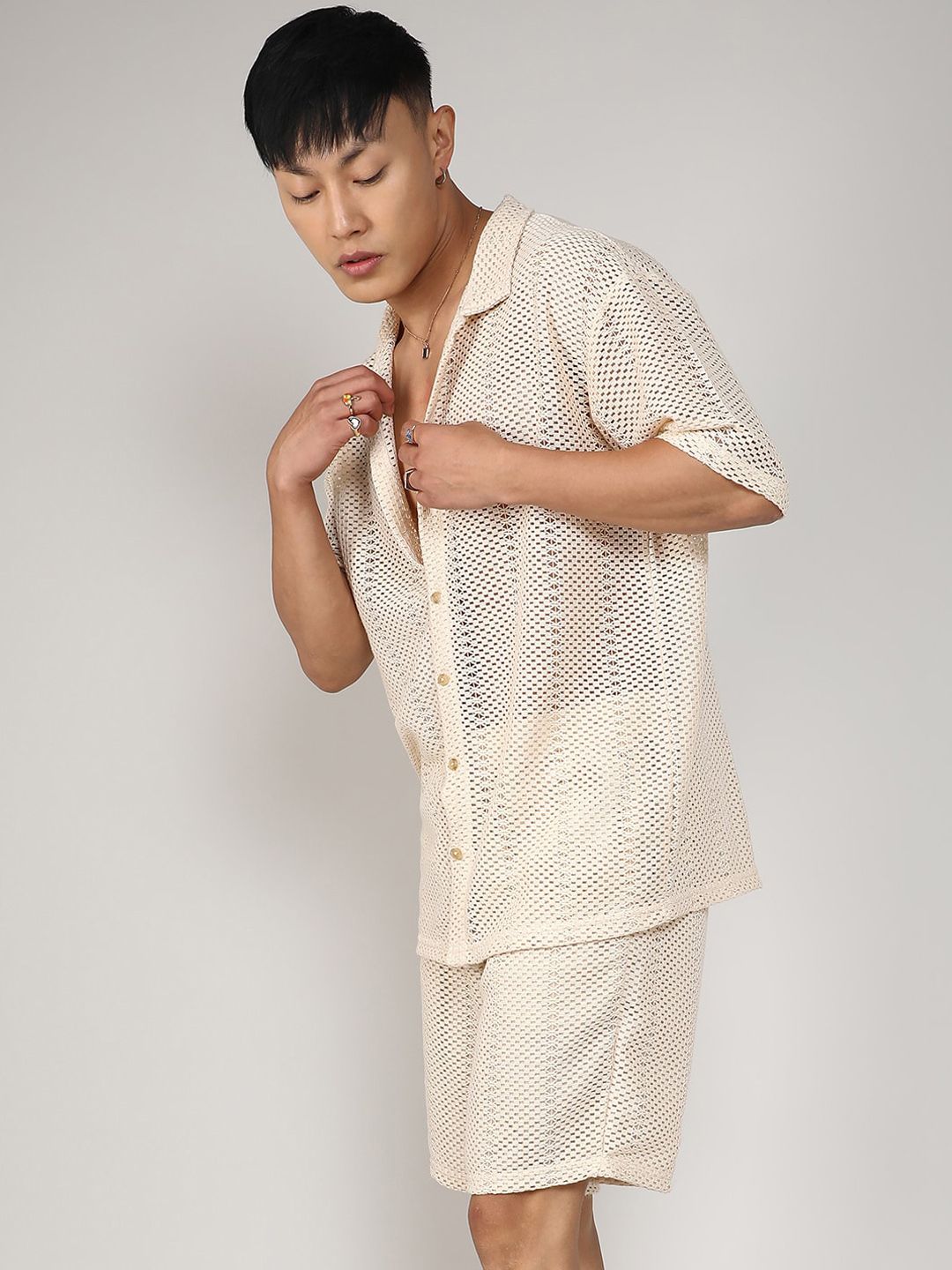 Campus Sutra White Short Sleeves Pure Cotton Crochet Shirt & Short