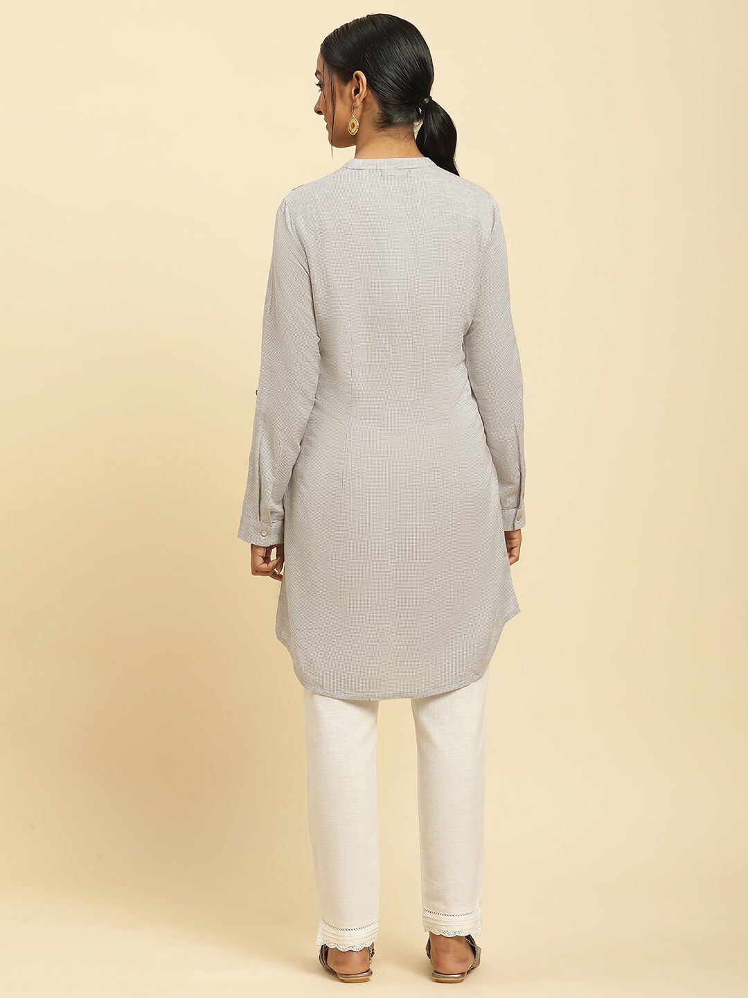 W Checked Collar Checked Band Collar Long Sleeve A-Line Kurta