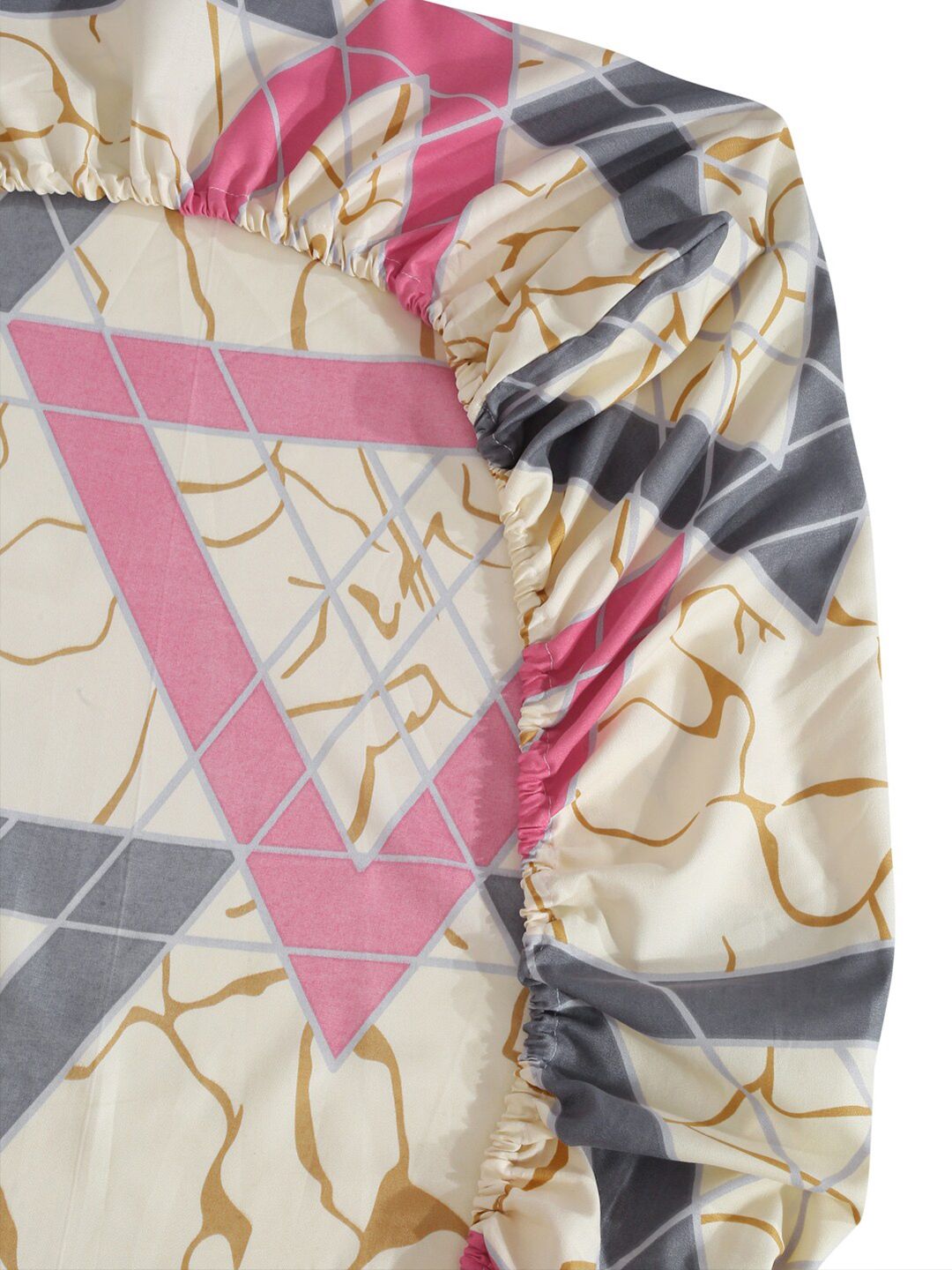 KLOTTHE Cream & Pink Printed 300TC Fitted Double King Bedsheet With 2 Pillow Covers