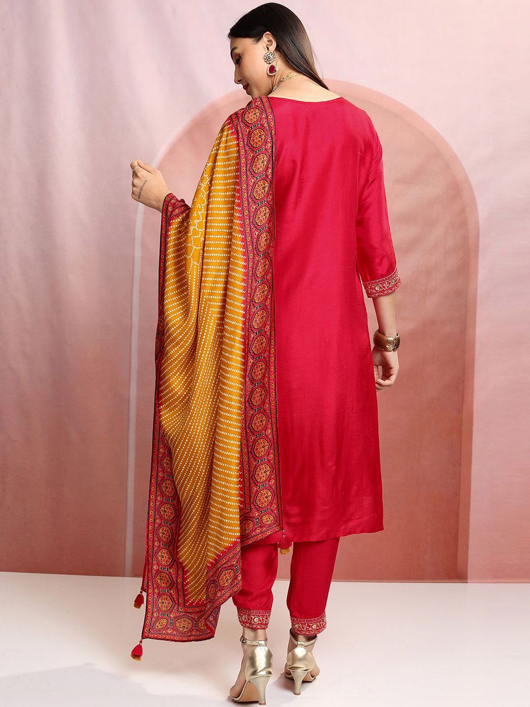 Vishudh Red Ethnic Motifs Embroidered Sequinned Straight Kurta With Trousers & Dupatta