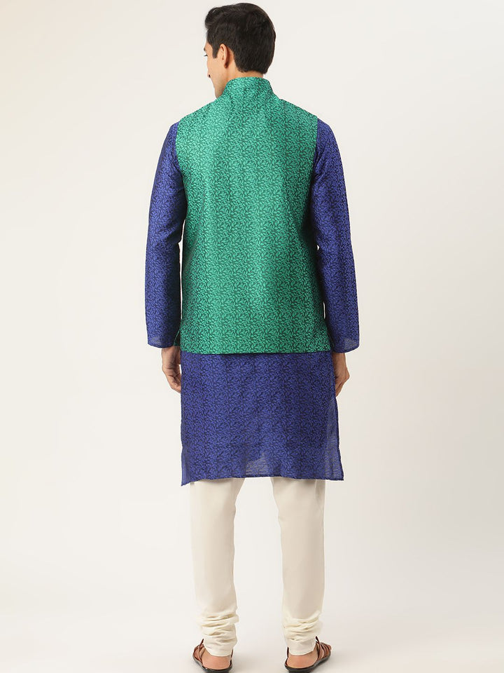SOJANYA Men Blue Floral Kurta with Churidar & Nehru Jacket
