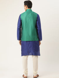 SOJANYA Men Blue Floral Kurta with Churidar & Nehru Jacket