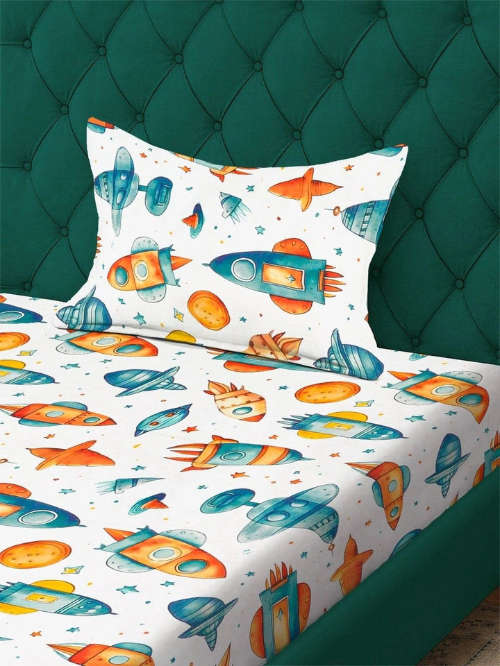 Myntra Elegant Homes White Cartoon Characters 300 TC Single Bedsheet with 1 Pillow Covers