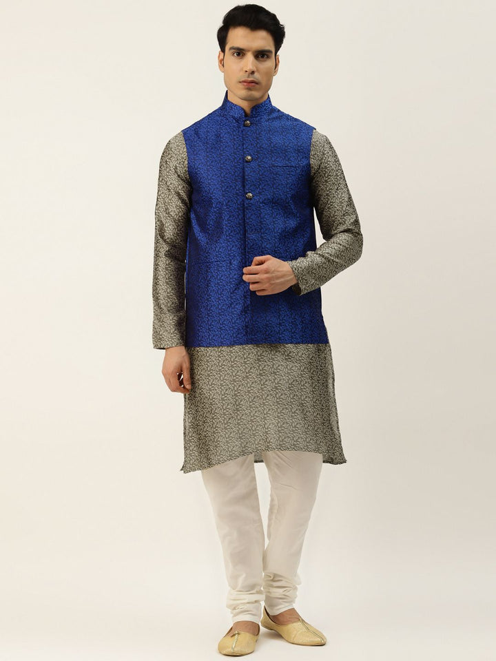 SOJANYA Men Grey & White Ethnic Motifs Woven Design Kurta with Churidar & Nehru Jacket