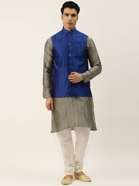 SOJANYA Men Grey & White Ethnic Motifs Woven Design Kurta with Churidar & Nehru Jacket