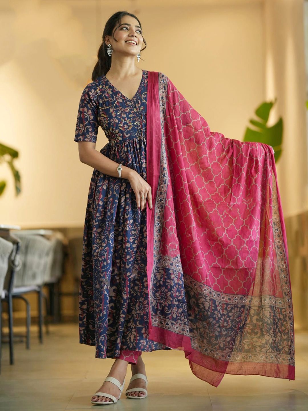 KALINI Floral Printed V-Neck Anarkali Kurta With Trousers And Dupatta