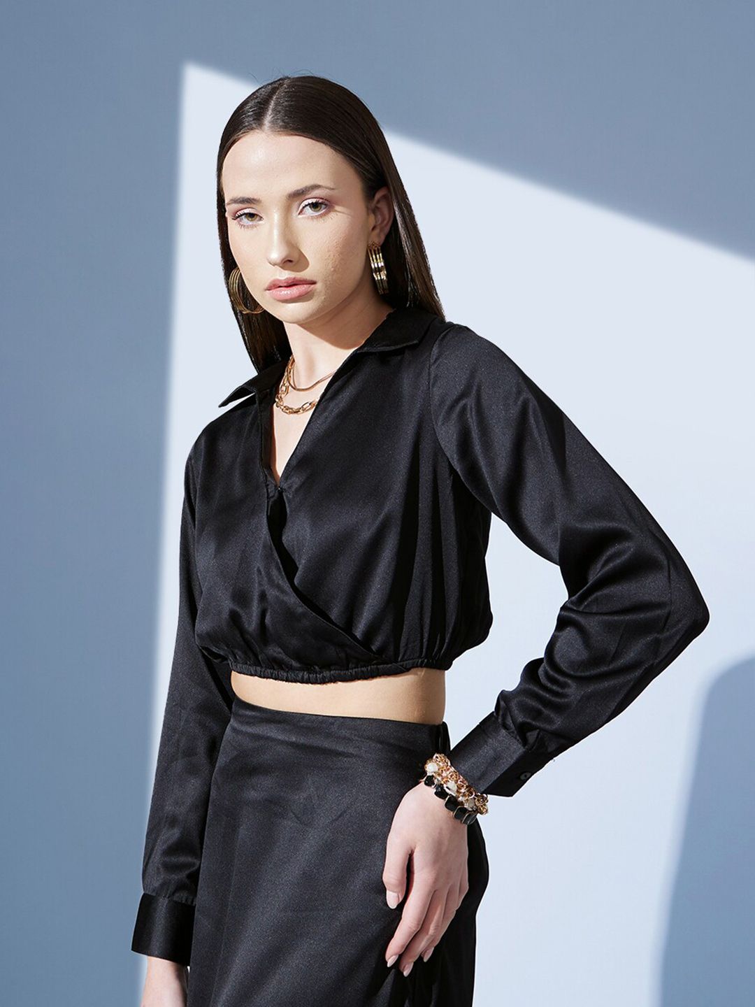STREET 9 Black Shirt Collar Cuffed Sleeves Crop Top
