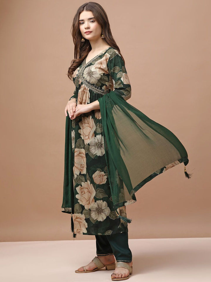 KALINI Floral Printed Empire Sequinned Kurta With Trousers & Dupatta