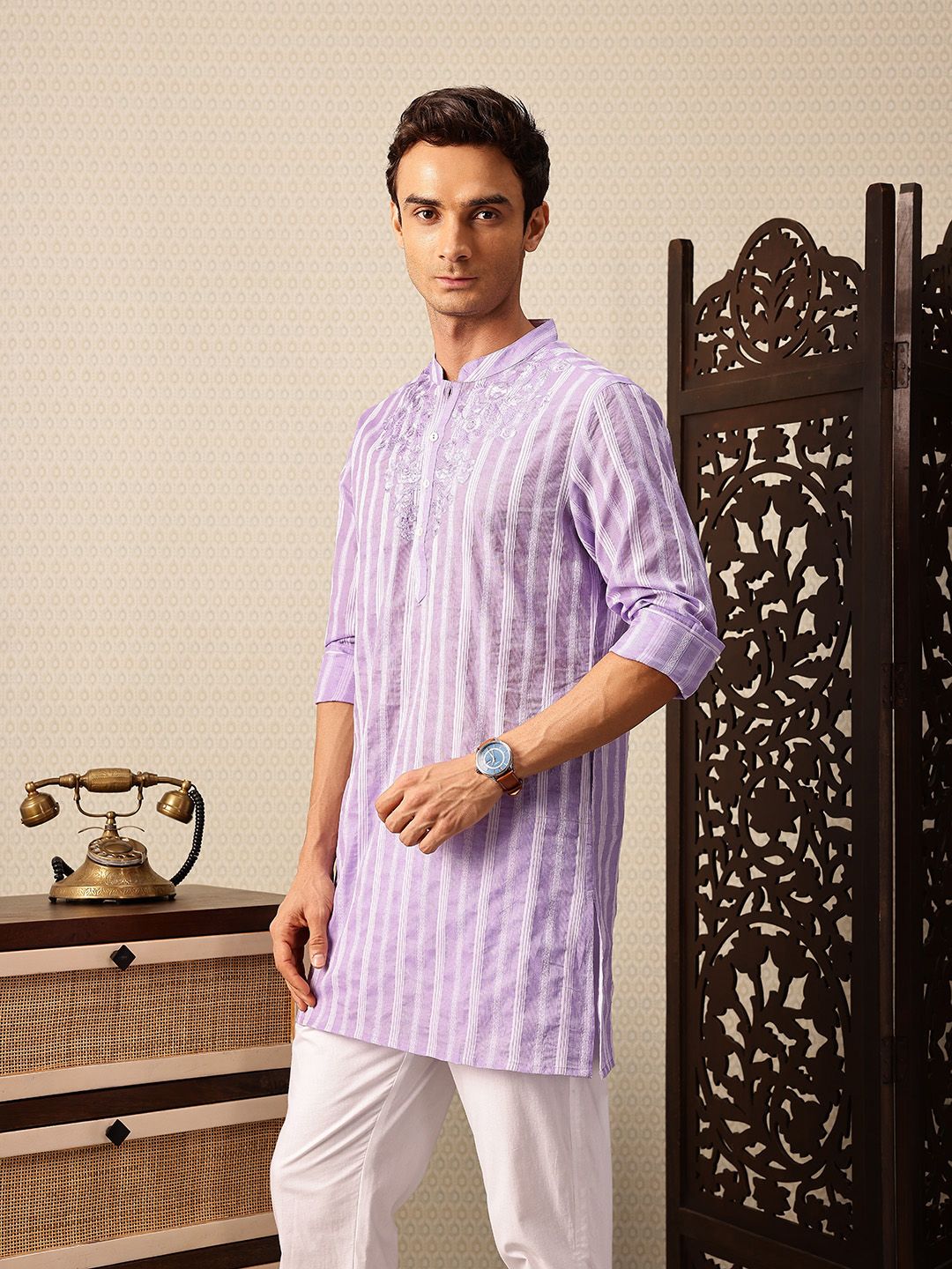 House of Pataudi Striped Mandarin Collar Thread Work Jashn Kurta