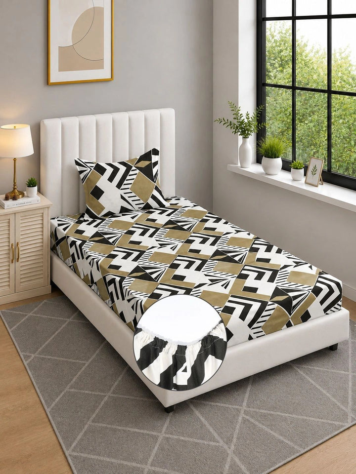 Moda Rapido Multicoloured & Black Geometric 300 TC Single Bedsheet with 1 Pillow Covers