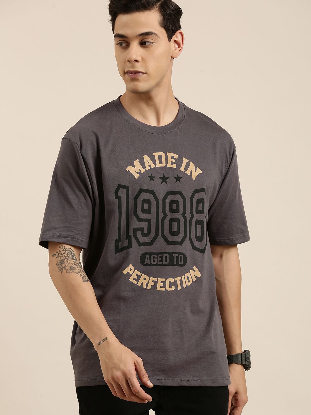 DILLINGER Men Grey Typography Printed Pure Cotton Oversized T-shirt