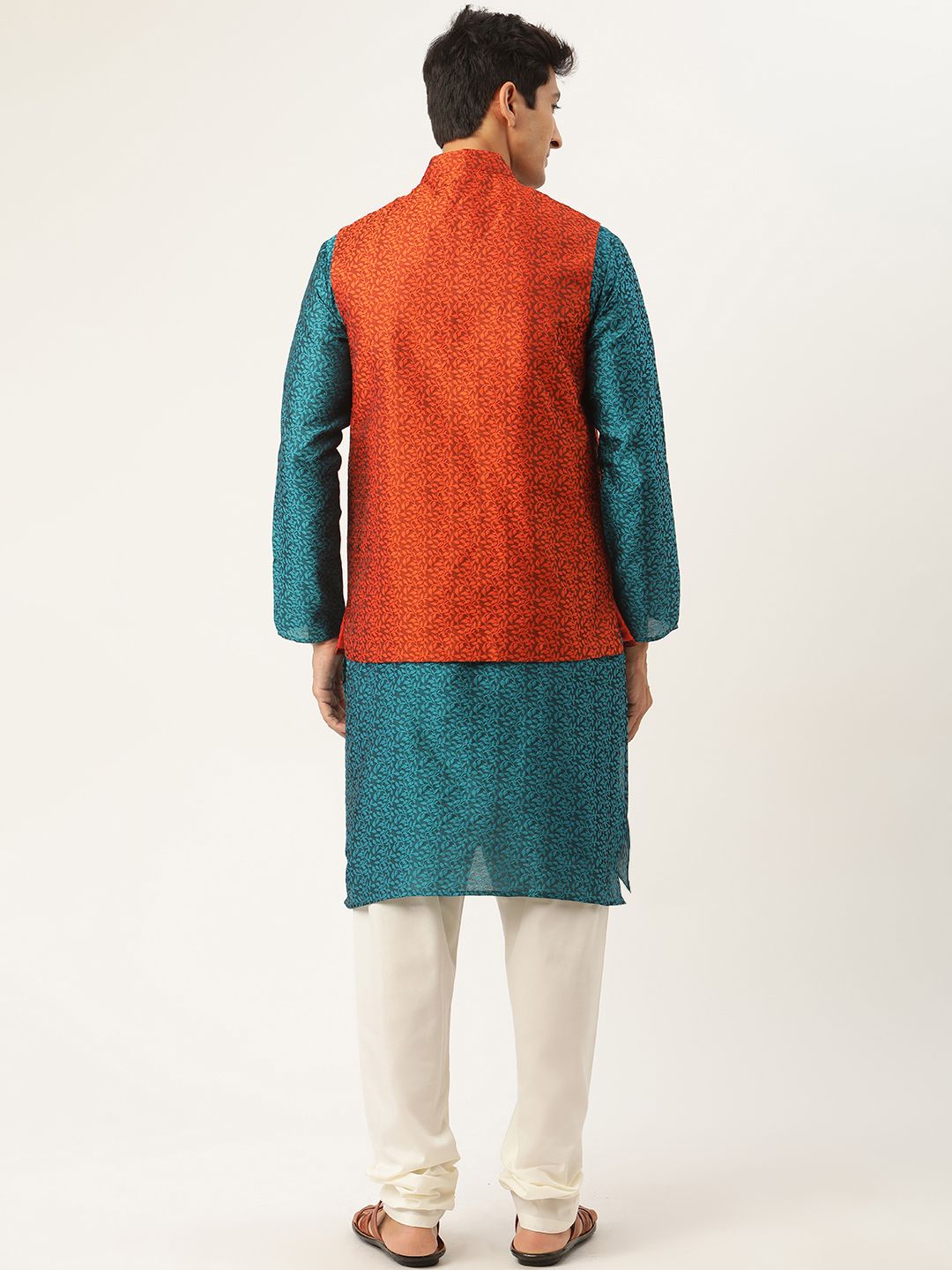 SOJANYA Men Teal Blue & Orange Woven Design Kurta with Churidar & Nehru Jacket