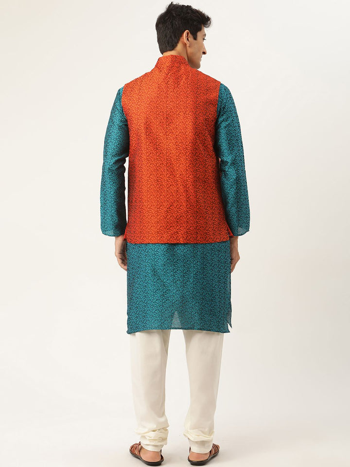 SOJANYA Men Teal Blue & Orange Woven Design Kurta with Churidar & Nehru Jacket