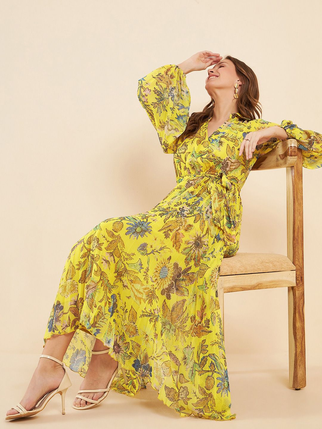 Antheaa Yellow Printed Pleated Puff Sleeves Belted Chiffon Fit & Flare Midi Dress