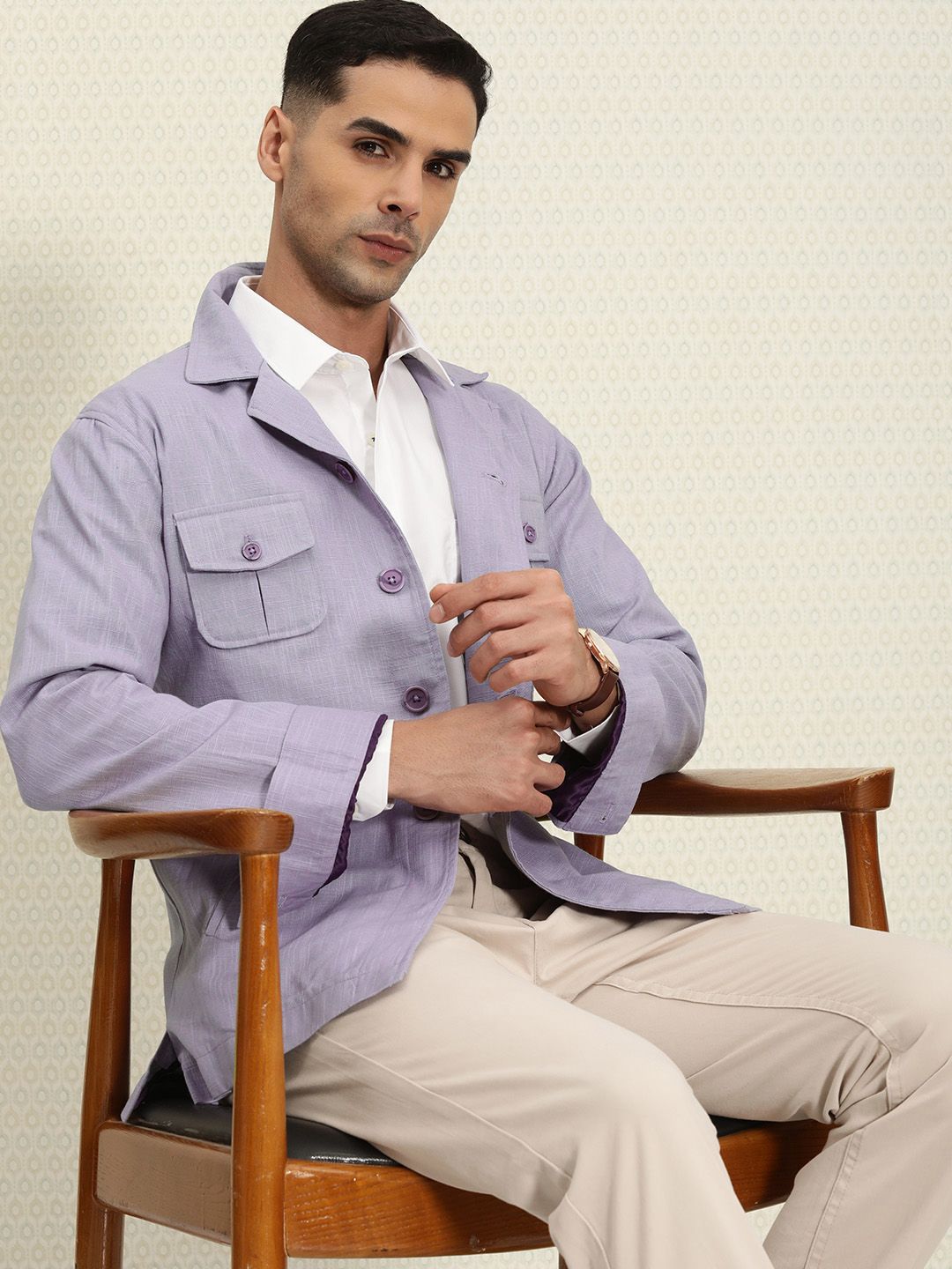 House of Pataudi Men Pure Cotton Self-designed Single-Breasted Jashn Blazer