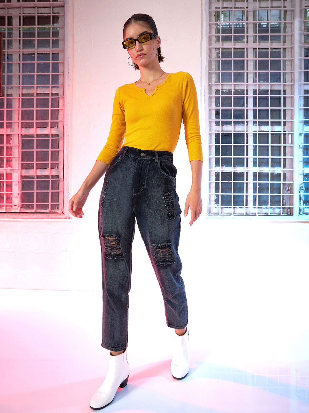 SASSAFRAS Women Mustard Yellow Ribbed Round Neck T-shirt