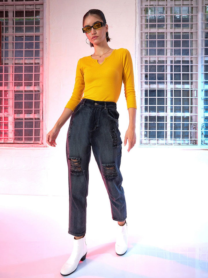 SASSAFRAS Women Mustard Yellow Ribbed Round Neck T-shirt