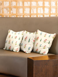 URBAN SPACE White & Green 3 Pieces Floral Printed Cotton Square Cushion Covers