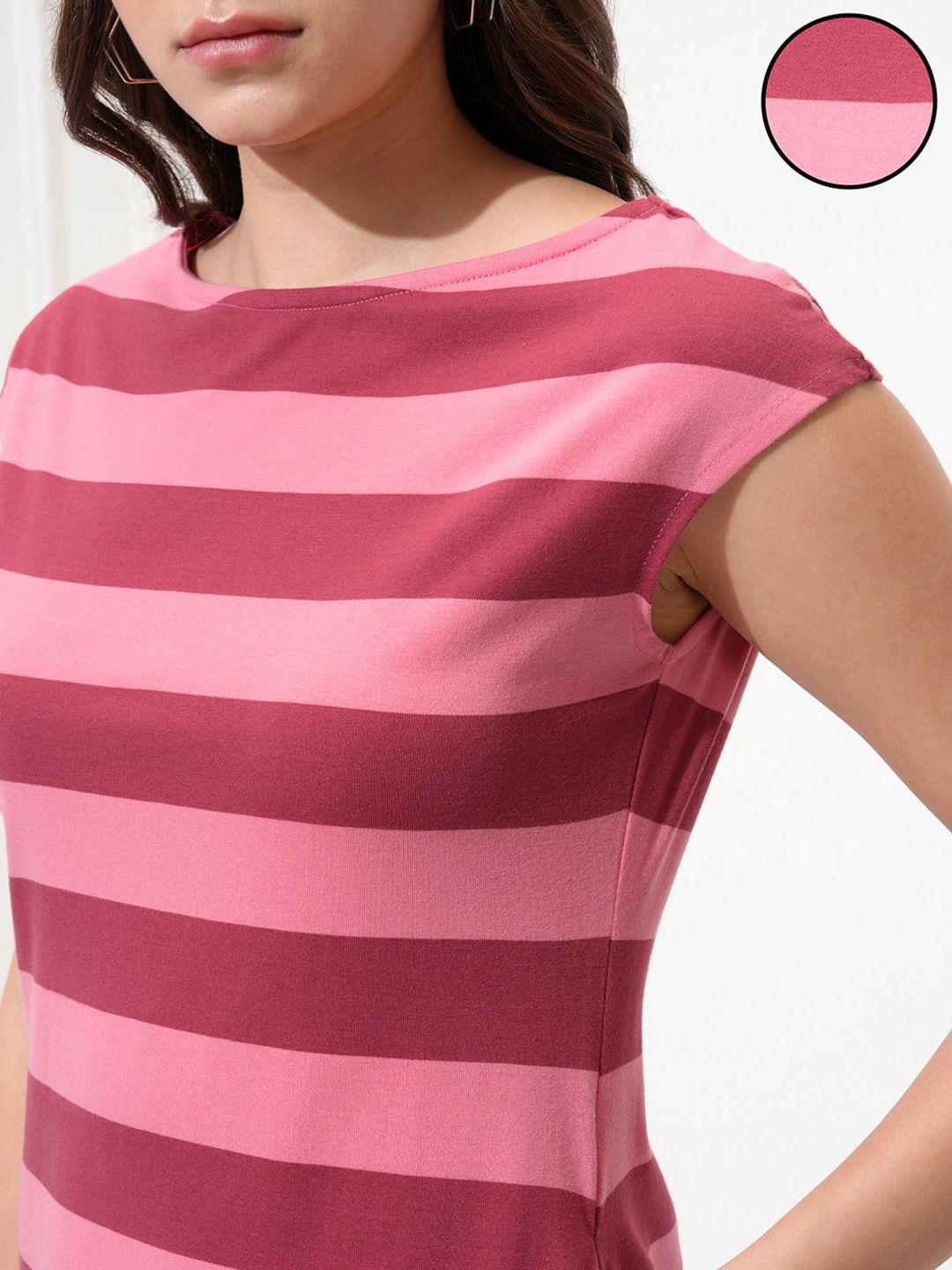 Tokyo Talkies Women Striped Boat Neck Mini Knit Dress