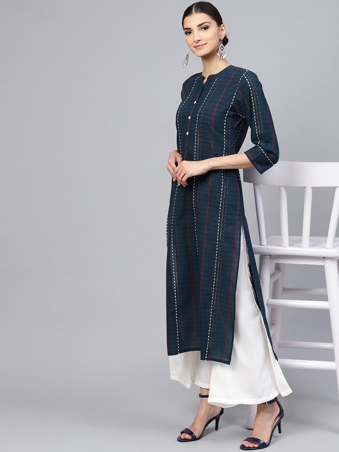 Libas Women Navy Blue Striped Straight Kurta