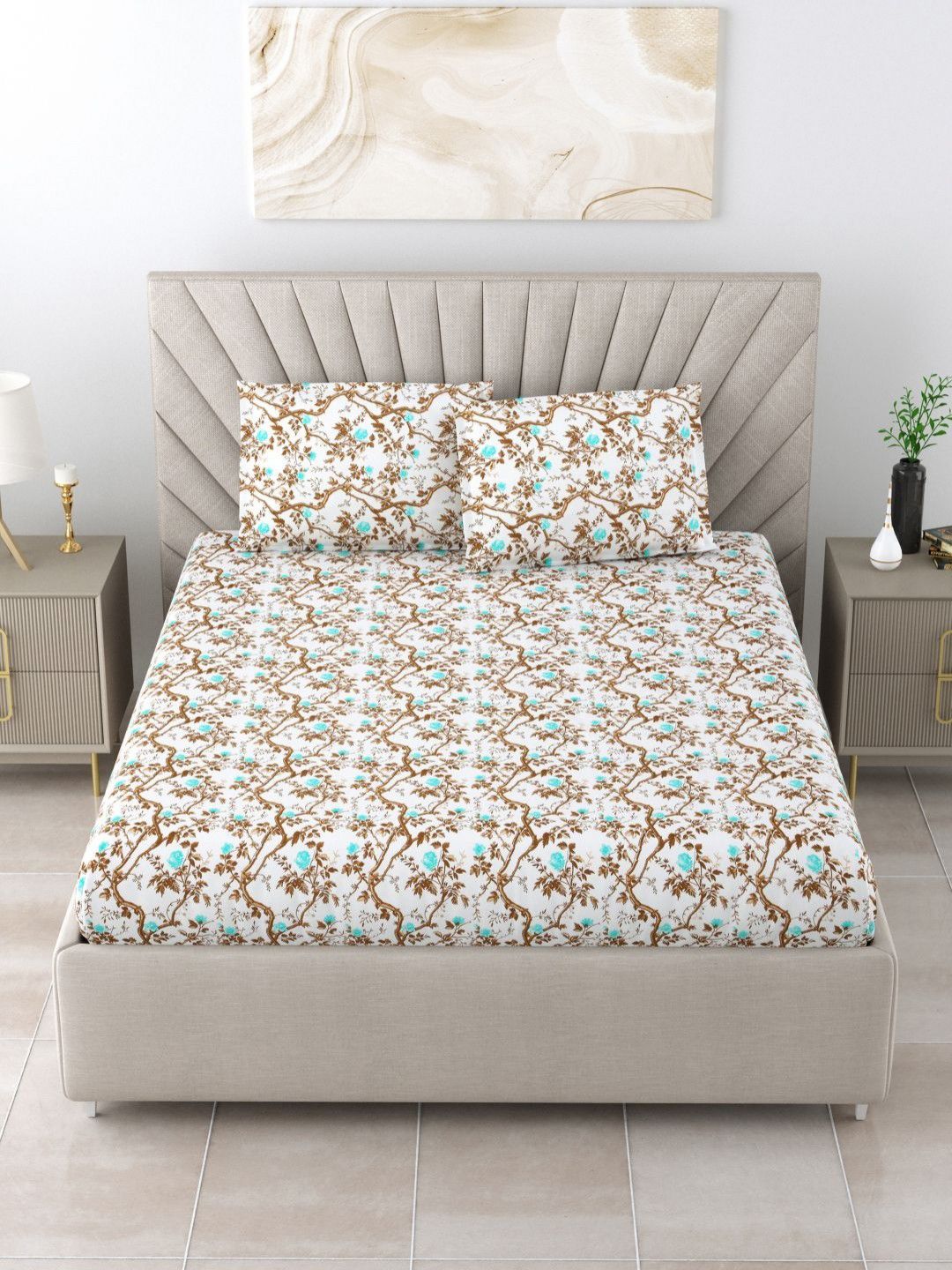 BOMBAY DYEING Brown & Blue Floral Pure Cotton 144 TC Queen Bedsheet Set 2.28 x 2.54 Mts
