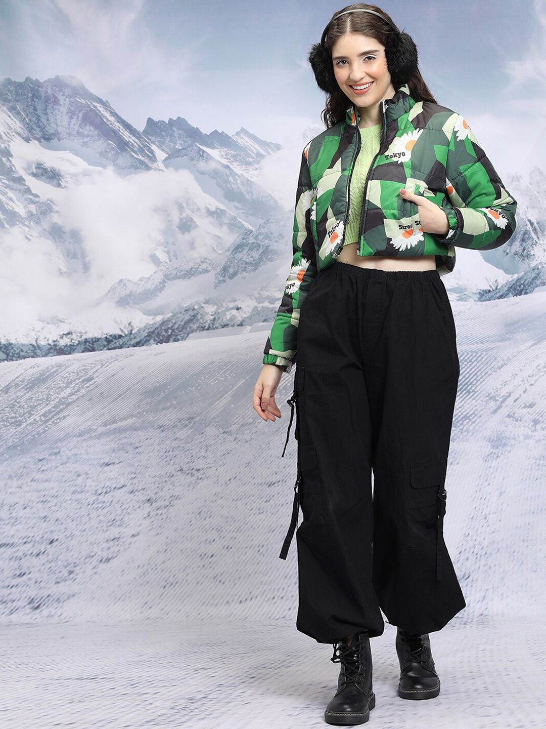 Tokyo Talkies Black Floral Printed Crop Puffer Jacket