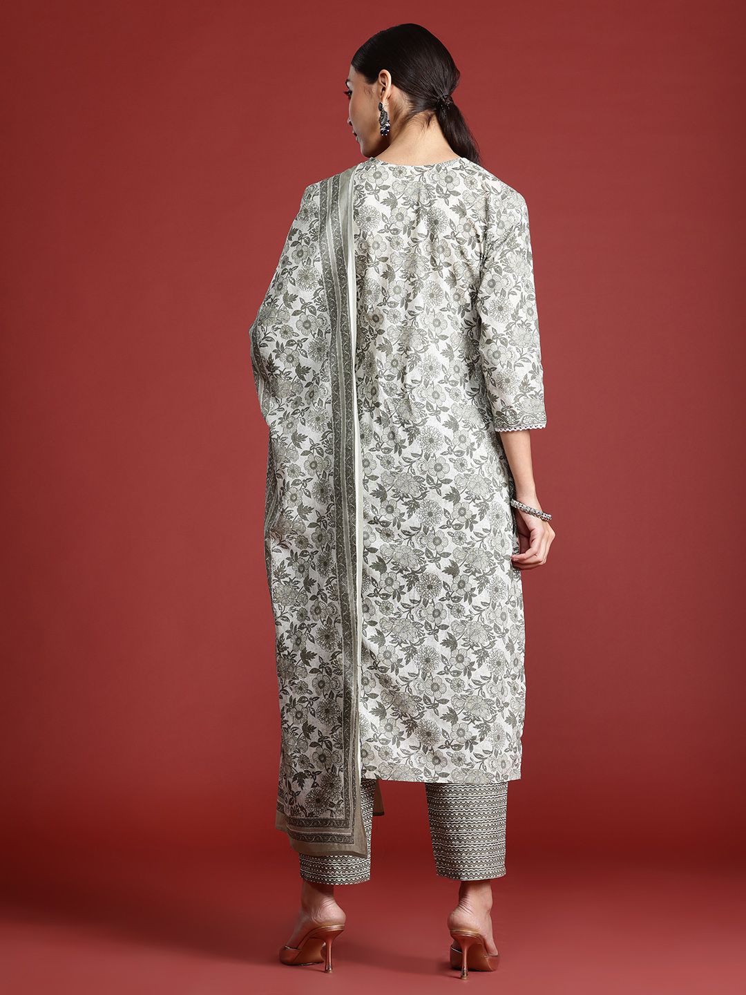 Indo Era Women Floral Printed Pure Cotton Kurta with Trousers & With Dupatta