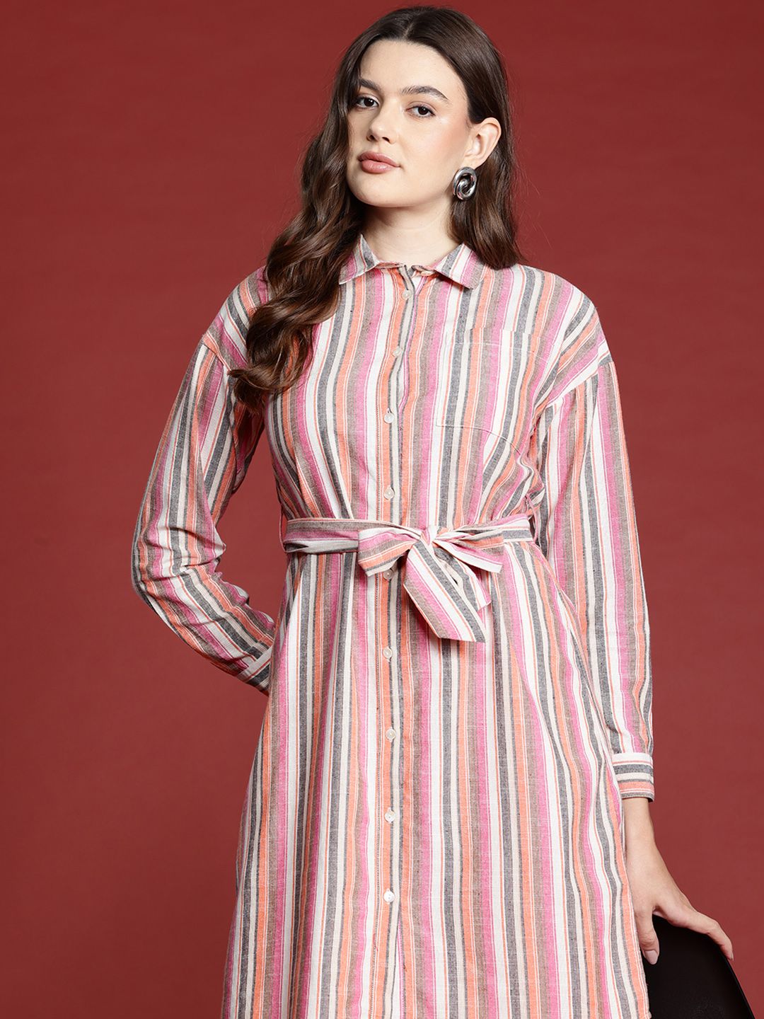 all about you Pure Cotton Striped Shirt Dress with Belt