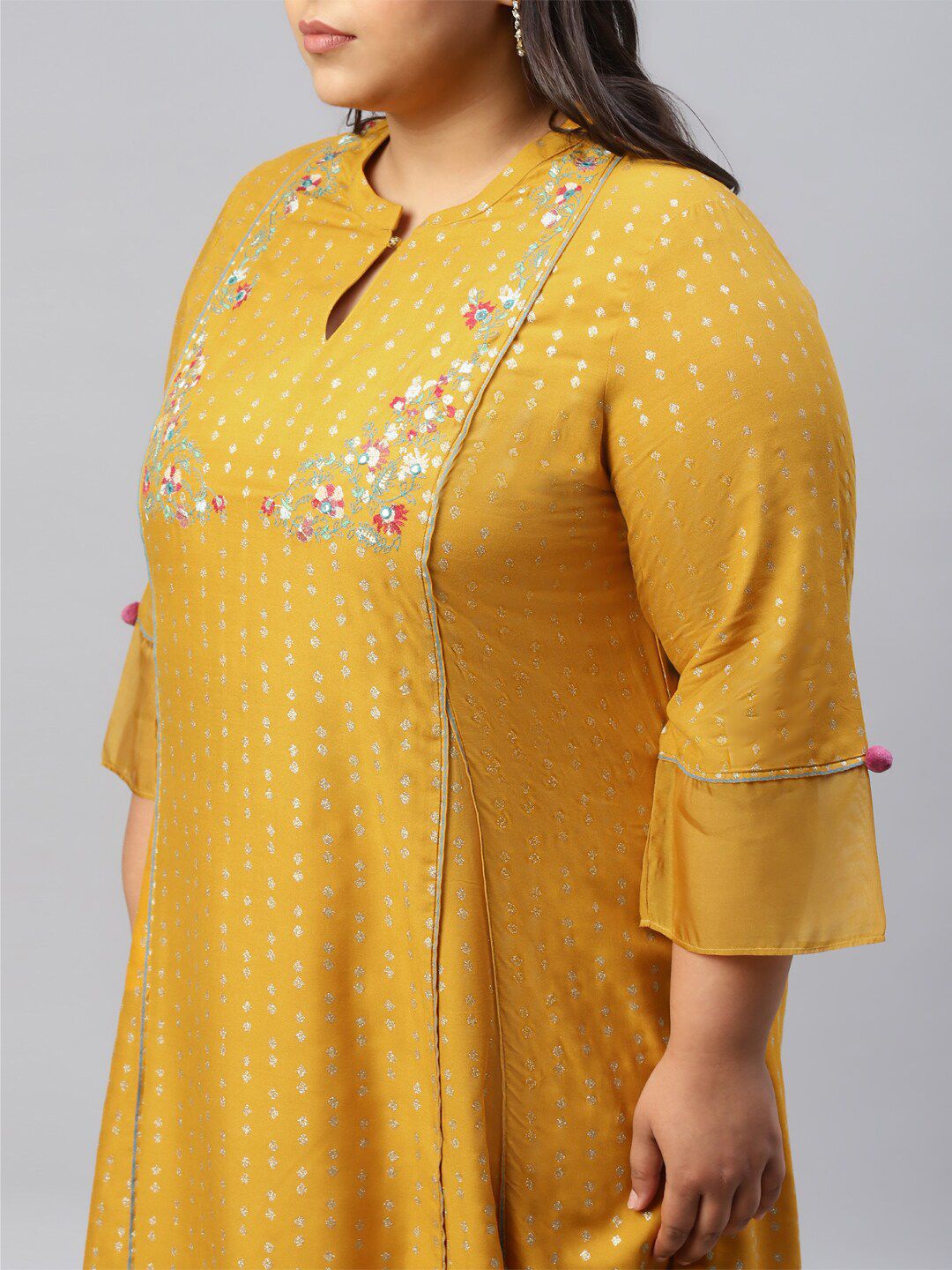 W Women Yellow Printed Flared Sleeves Thread Work Kurta