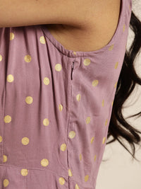 Shae by SASSAFRAS Women Lavender & Golden Liva Foil Printed A-Line Dress