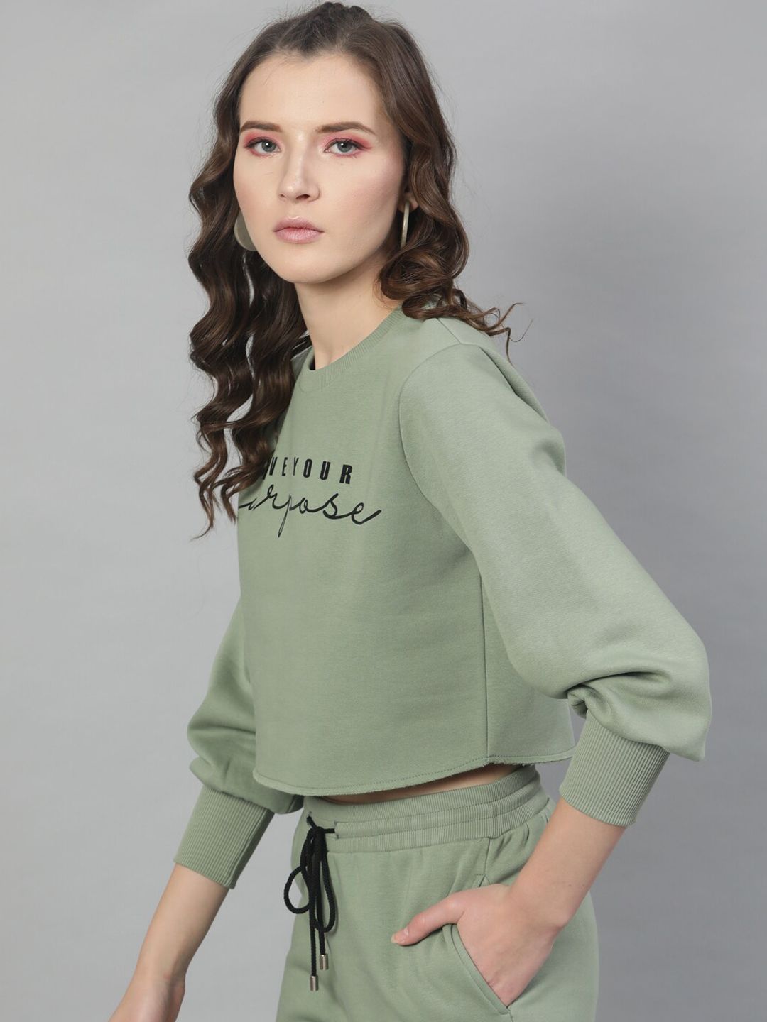 STREET 9 Women Green Printed Crop Sweatshirt