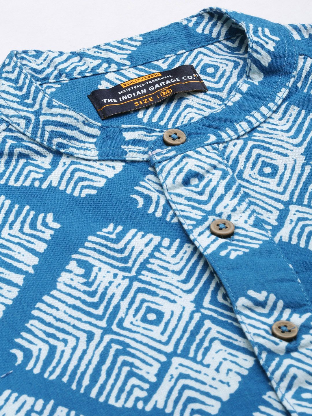 The Indian Garage Co Men Blue Printed Band Collar Cotton Casual Shirt