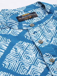 The Indian Garage Co Men Blue Printed Band Collar Cotton Casual Shirt